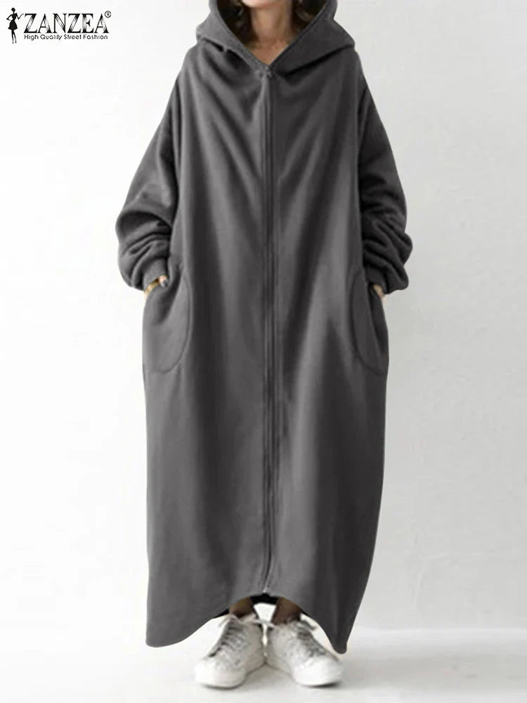 jinran 2024 Winter Fleece Outwear Autumn Hooded Long Coat Women Zipper Hoodies Long Sleeve Jackets Sweatshirt Robe Oversized