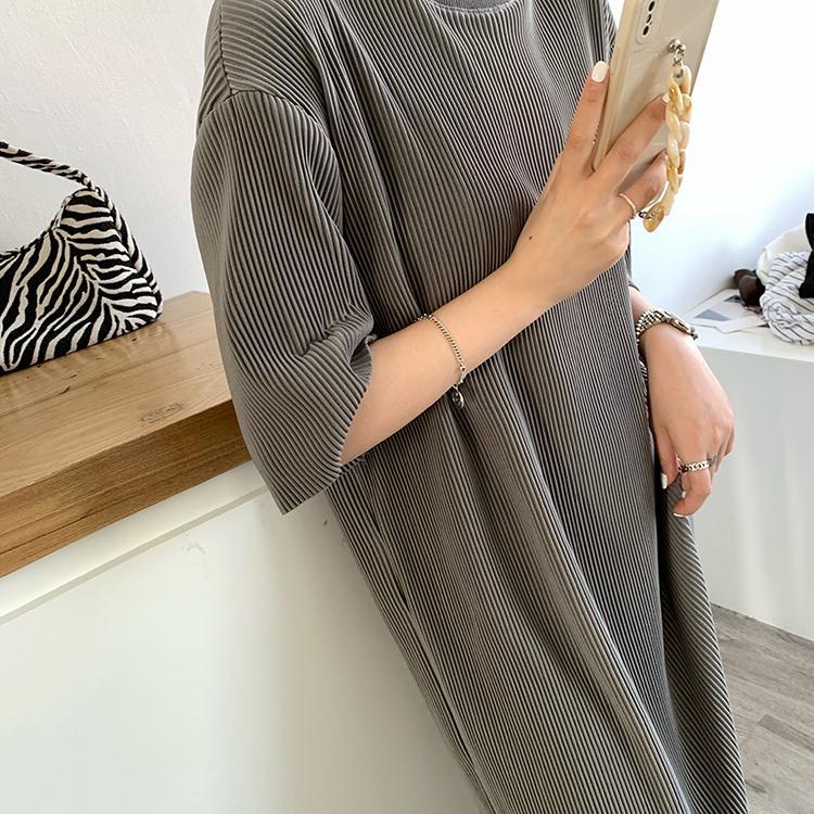 jinran Short Sleeve Dress Women Summer New Leisure Large Size Simple Solid Retro Fashion M-4XL Chic Soft Elegant Mid-calf Dress
