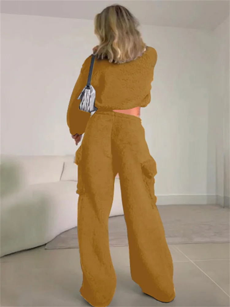 nvxiot - Autumn Loose Fashion 2 Piece-Set Trousers For Women Cropped Pullover Top And High Waist Patchwork Women's Pants Sets 2024