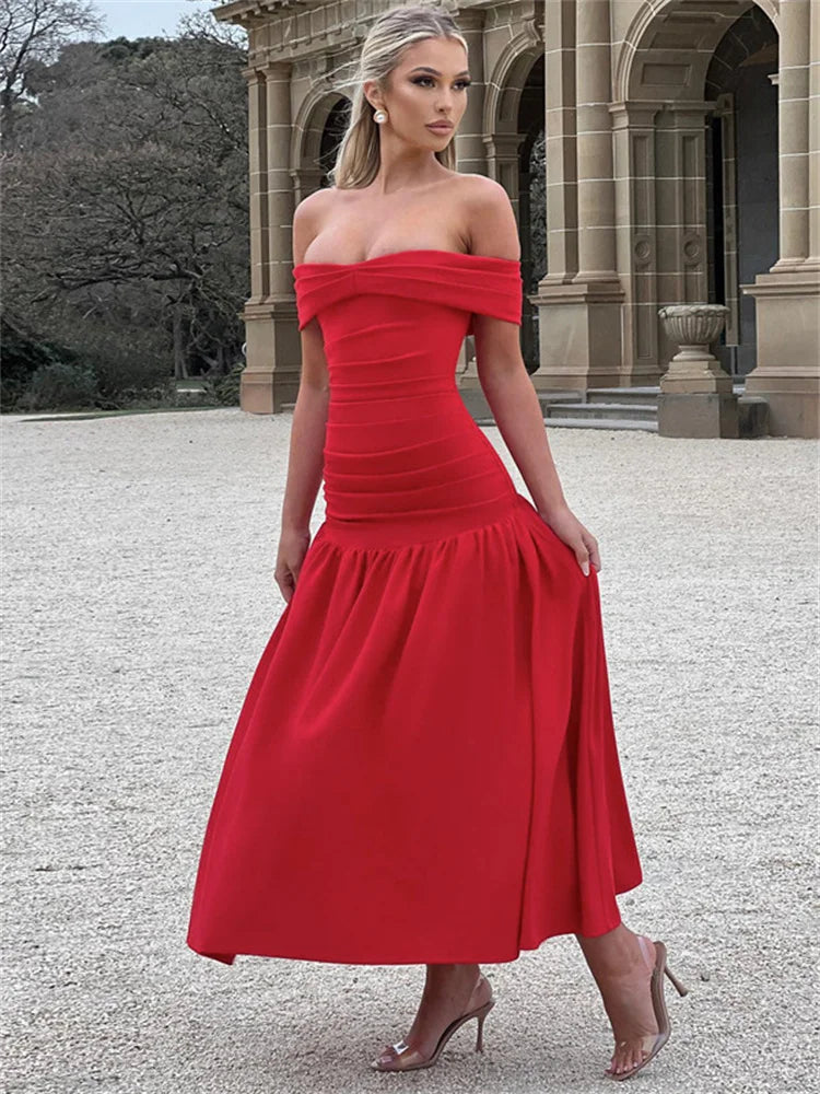 nvxiot - Autumn Off-Shoulder Fashion Long Dress For Women High Waist Sexy Bandeau Patchwork Party Dress Female Bodycon Dress 2024