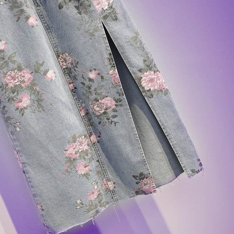 jinran Spring And Summer Trendy Flower Split Denim Skirt Women's 5XL Slightly Fat MM Thin Bag Hip Mid-length A-line Skirt