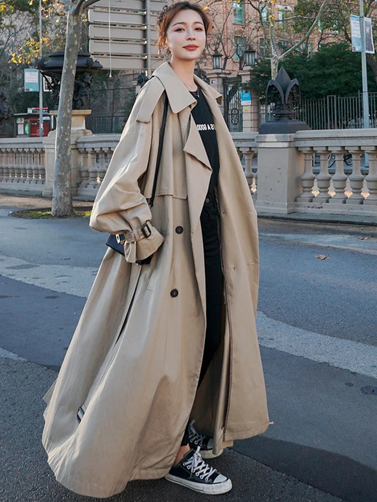 jinran Spring Autumn Extra Long Flowy Oversized Casual Trench Coat for Women Belt Double Breasted Loose Korean Fashion 2024