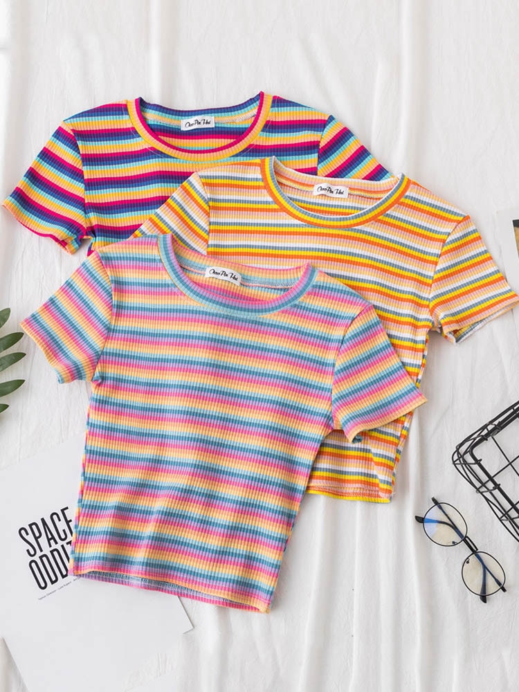 jinran New T Shirt Women Rainbow Striped Tops Slim Fit t shirt Harajuku Tshirt Summer Short Sleeve Korean T-shirt feminina Clothes Tops