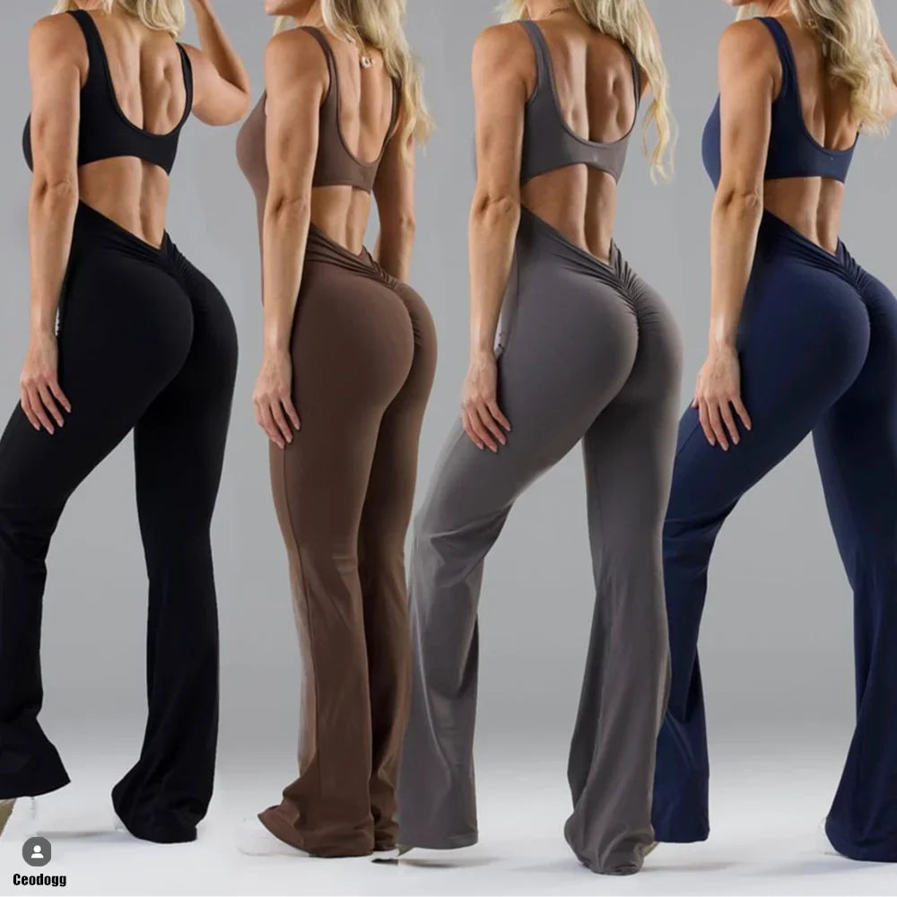 jinran 2024 S-XL Pad Women Gym Yoga Set Sports Rompers Deep V Back Fitness Workout Pant Flare Leggings One Piece Jumpsuit Active Wear