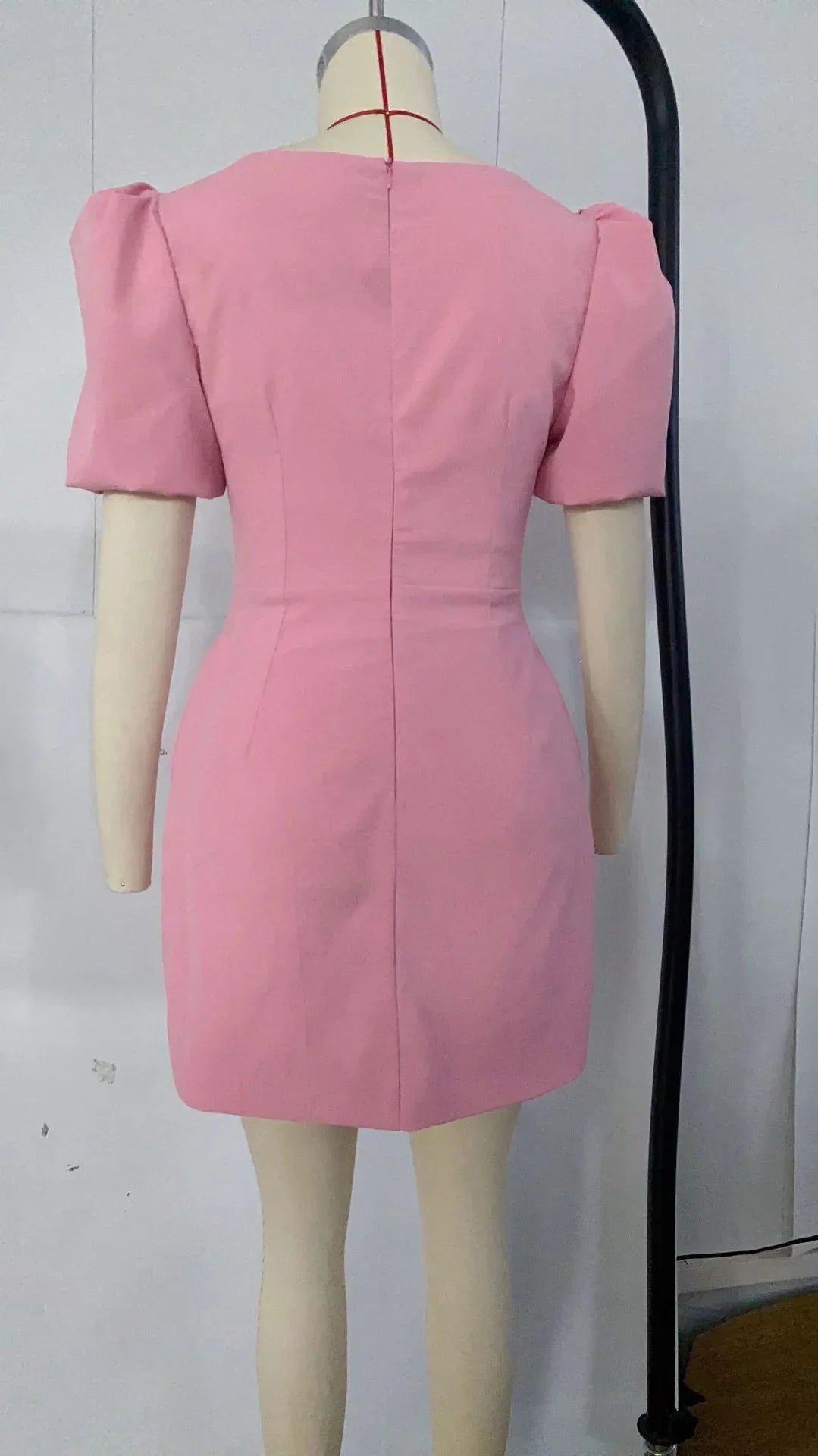 jinran 2024 Summer Dress Women Heart Shaped Sequins Party Mini Dress Female Puff Sleeve V Neck Robe Slim Elegant Pink Dresses Clothes