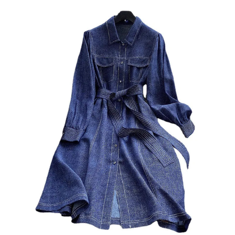 jinran 100%Real Silk Casual Denim Dress Women Turn-down Collar Long Sleeve Elegant Retro Dresses 2024 Spring Summer D41439QM