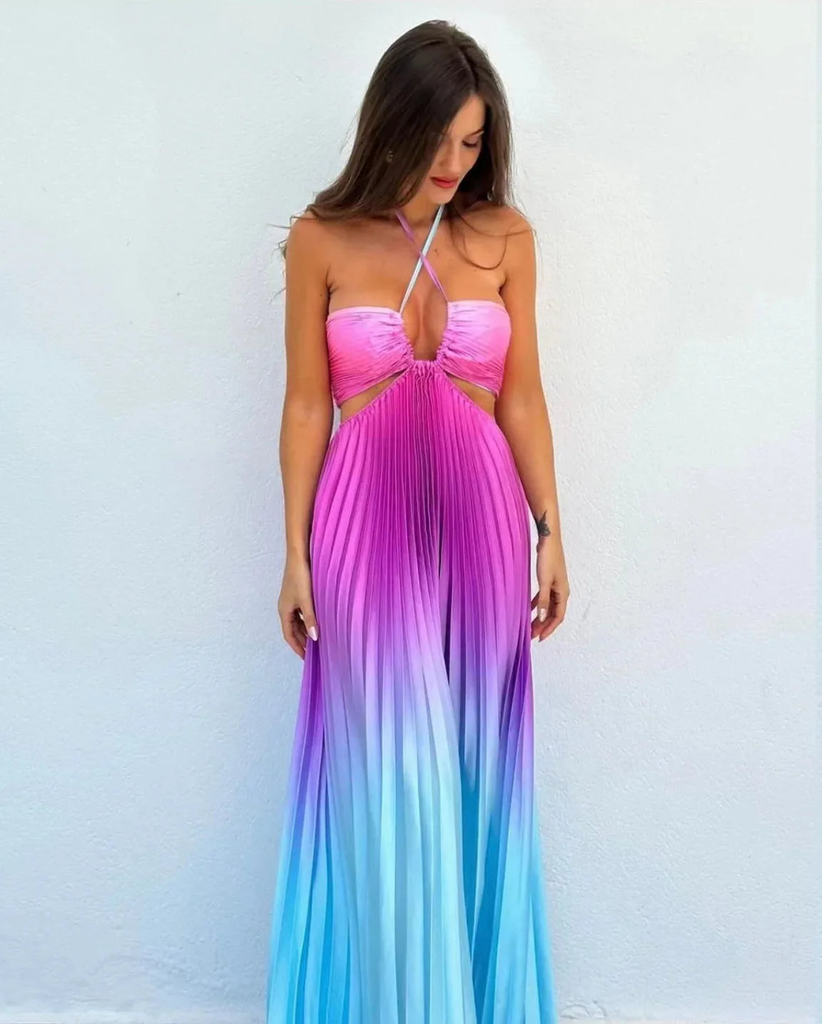 jinran New Summer Gradient Halter Pleated Long Dress Sexy Off Shoulder Backless Wrap Chest Sundress Women's Beach Vacation Dress