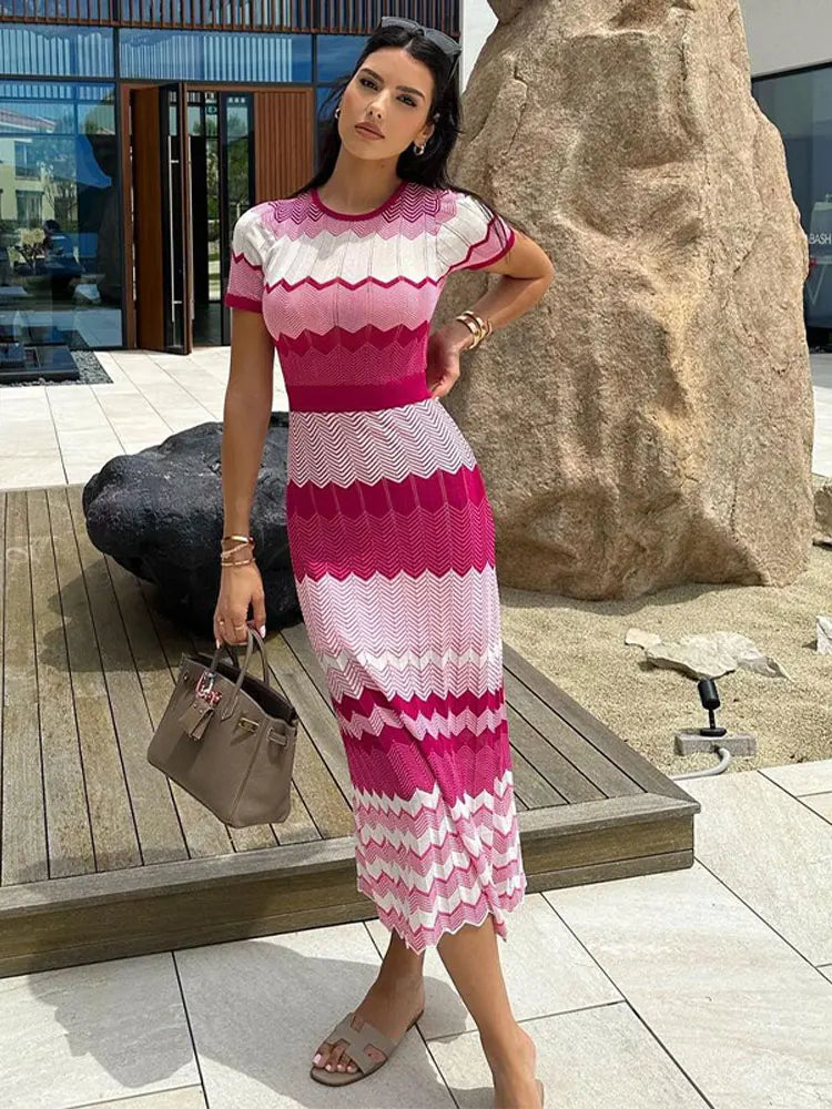 jinran Women Contrast Knitted Slim Maxi Dress Fashion Round Neck Short Sleeve Dresses 2024 Autumn Elegant Lady Vacation Street Vestido