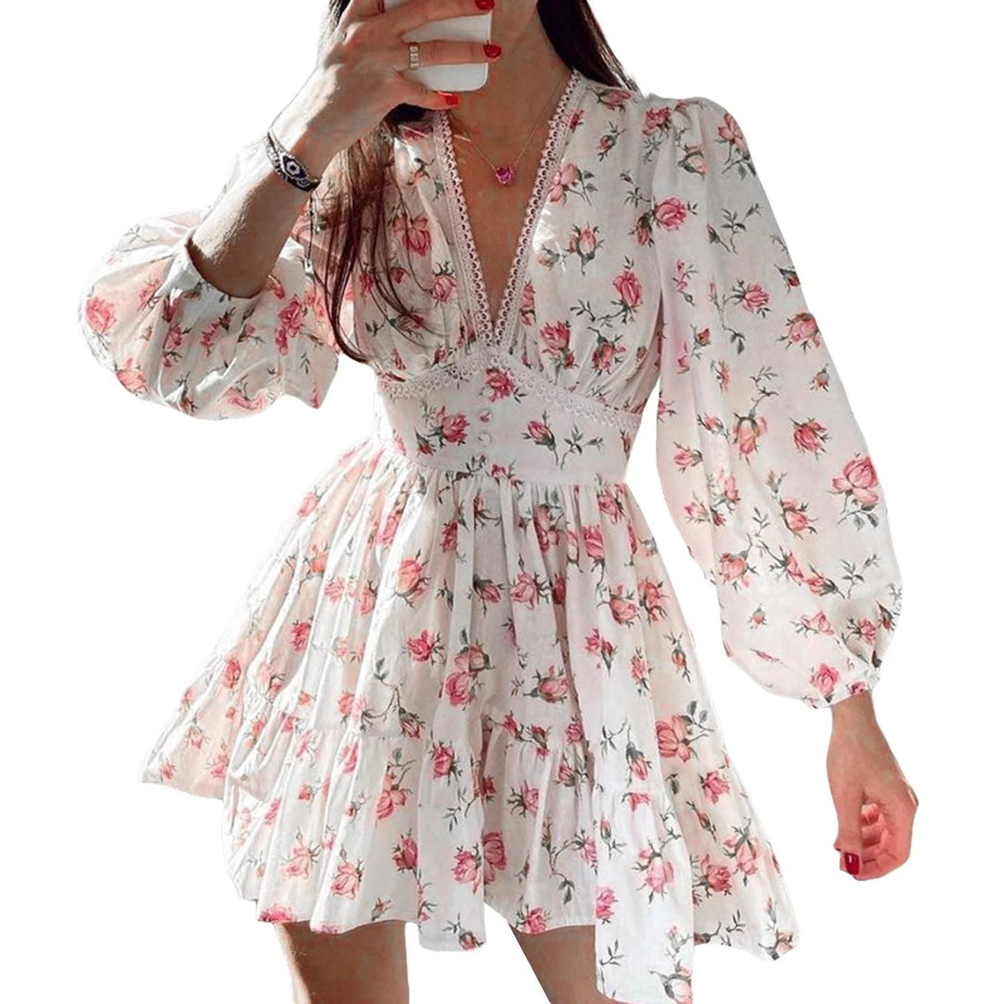 jinran Vintage Women Summer Mini Dress Long Sleeve Floral Print Ruffles V Neck High Waist A-Line Cocktail Vestidos