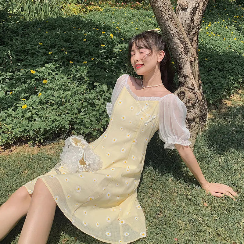 jinran Yellow Floral Vintage Dress Women Patchwork Chiffion Puff Sleeve Sweet Fairy Dress Female Elegant Korean Party Dress 2024 Summer