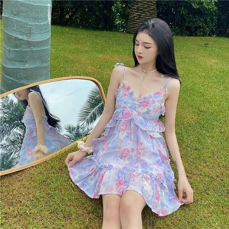 jinran Spaghetti Strap Dress Women Ruffles Sexy Japanese Sweet Princess Dress Female Beach Holiday Floral Mini Boho Dress 2024 Summer