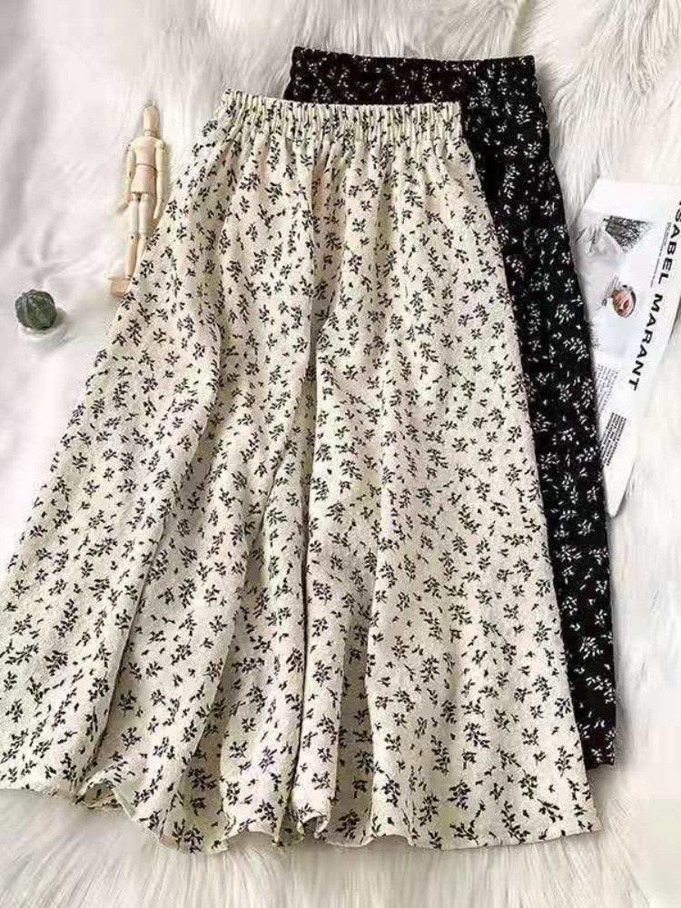 jinran - Vintage Floral Skirt Women High Waist A-line Mid-Calf Casual Skirt Korean Fashion Loose 2024 Spring Summer Female Outfit