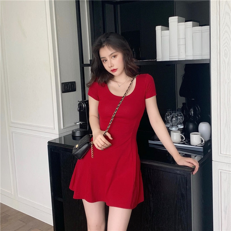 jinran Women Summer Dress O Neck Short Sleeve Solid Korean Thin Slim A Line Dress Slim Retro Red Black Pink Short Mini Dress Vestidos