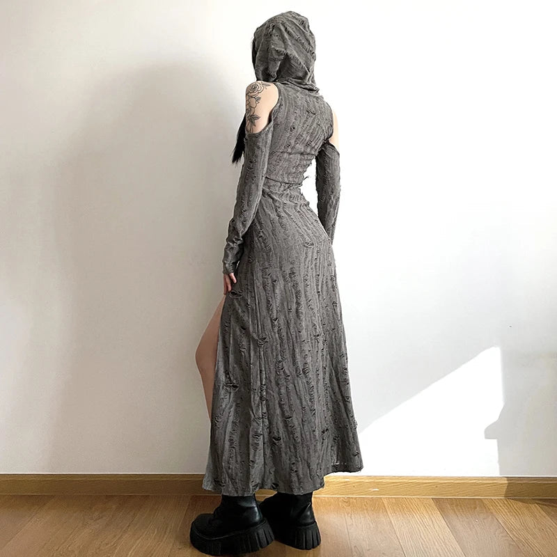 jinran Waste Soil Style Distressed Hooded Dress Elegant Slim Slimming and Shoulder Hollow Design for Women Spring Summer