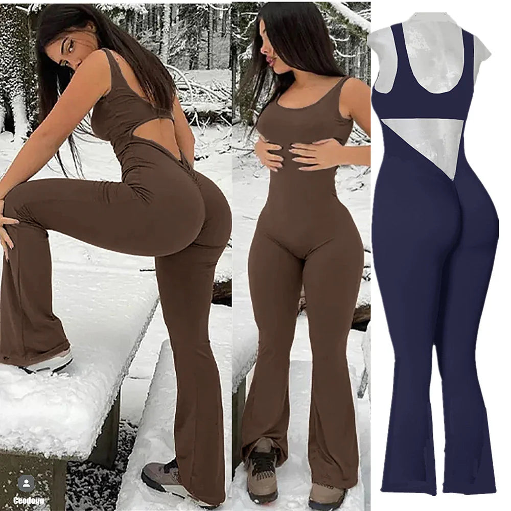 jinran 2024 S-XL Pad Women Gym Yoga Set Sports Rompers Deep V Back Fitness Workout Pant Flare Leggings One Piece Jumpsuit Active Wear
