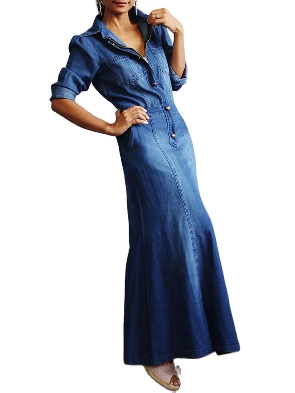 jinran Dress for Women 2024 Spring Korean Fashion Vintage Denim Dress A-line Long Sleeve Button Zipper Pocket Maxi Dress Lady Clothing