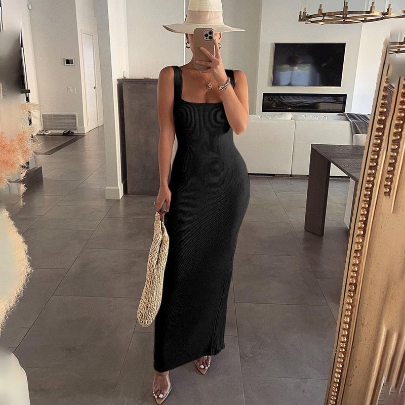 jinran Ribbed Knitted Women'S Solid Sleeveless Tank Midi Dress Bodycon Sexy Streetwear Casual Party Club Summer Wholesale