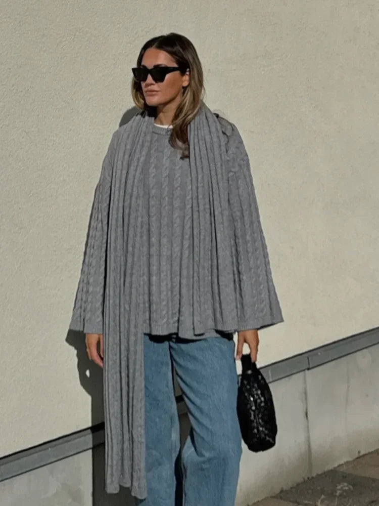 nvxiot - Autumn Solid Pleated Scarf Twisted Knitted Sweater Women Chic Long Flare Sleeve O-neck Knit Pullover 2024 Lady Streetwear