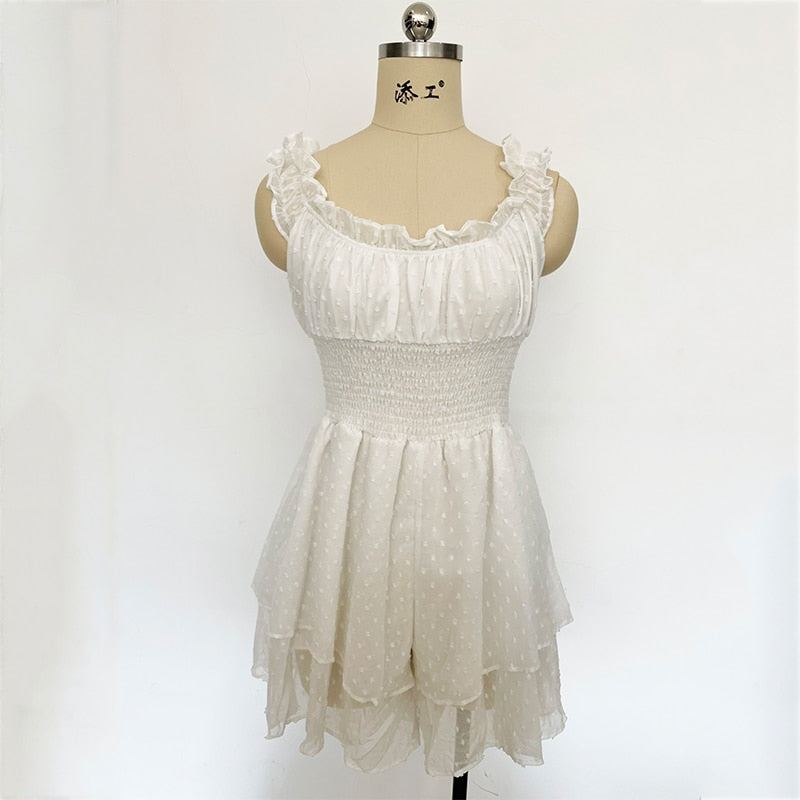 jinran White Dots Women Sleeveless Chiffon Romper Tiered Wide Leg Summer Playsuit Elastic Smocking Square Collar Overall
