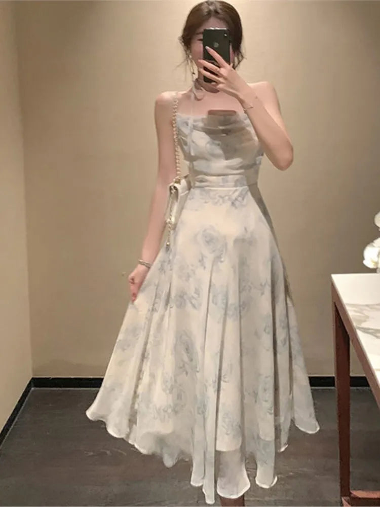 jinran - Summer Party Midi Elegant Dress Women Strap Sexy Design High Wasit Vintage Casual Dress Sleeveless Chiffon Sweet Dress