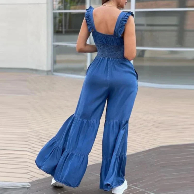jinran Women Solid Imitation Denim Jumpsuits Spring V Neck High Waist Straight Playsuits Summer Backless Wide Leg Pleated Pants Rompers