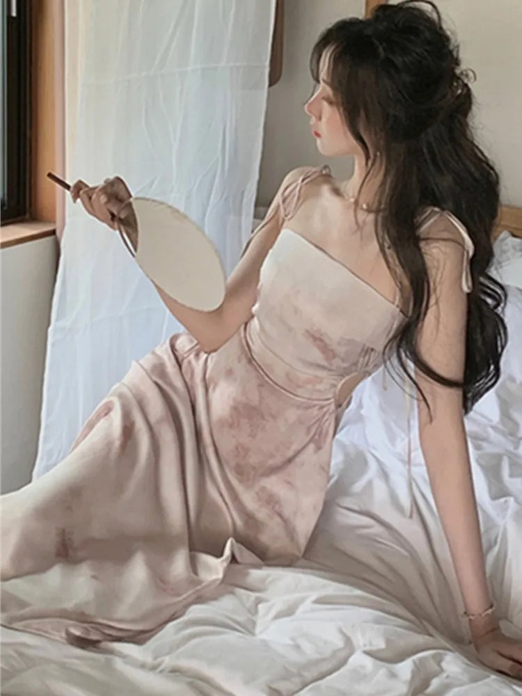 jinran Sexy Satin Midi Dress Women Spaghetti Strap Backless Summer Holiday Slim Vintage Wedding Prom Robe One Piece Vestidos Mujer New