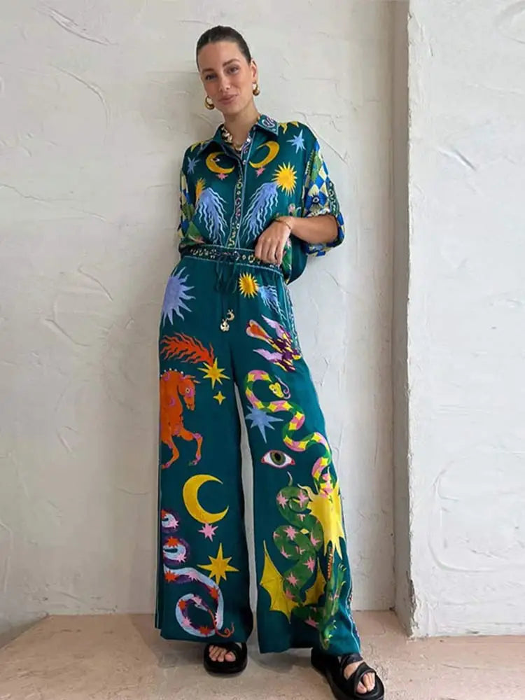 jinran Women Digital Printed Two-piece Set Chic Lapel Long Sleeved Top Loose Straight Leg Pants Suit 2024 Fashion Lady High Streetwear
