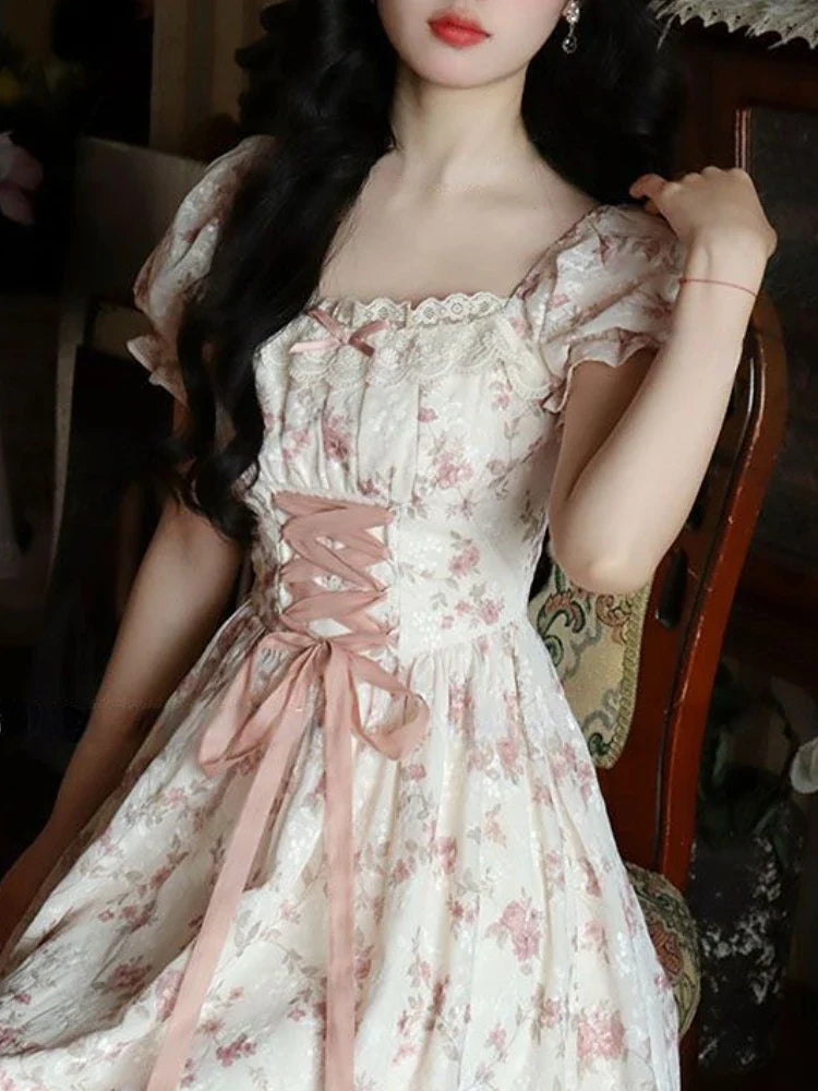 jinran Summer Lace Korean Fairy Dress Women Square Collar Princess Kawaii Floral Midi Dress Female Bandage Sweet Dresses Fashion