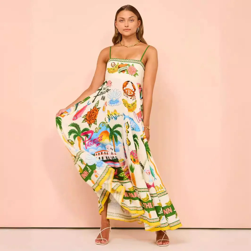 jinran Printed Slim Linen Maxi Dress Women Summer Elegant Sleeveless Backless Swing Pleated Long Dresses Holiday Bohemian Robes