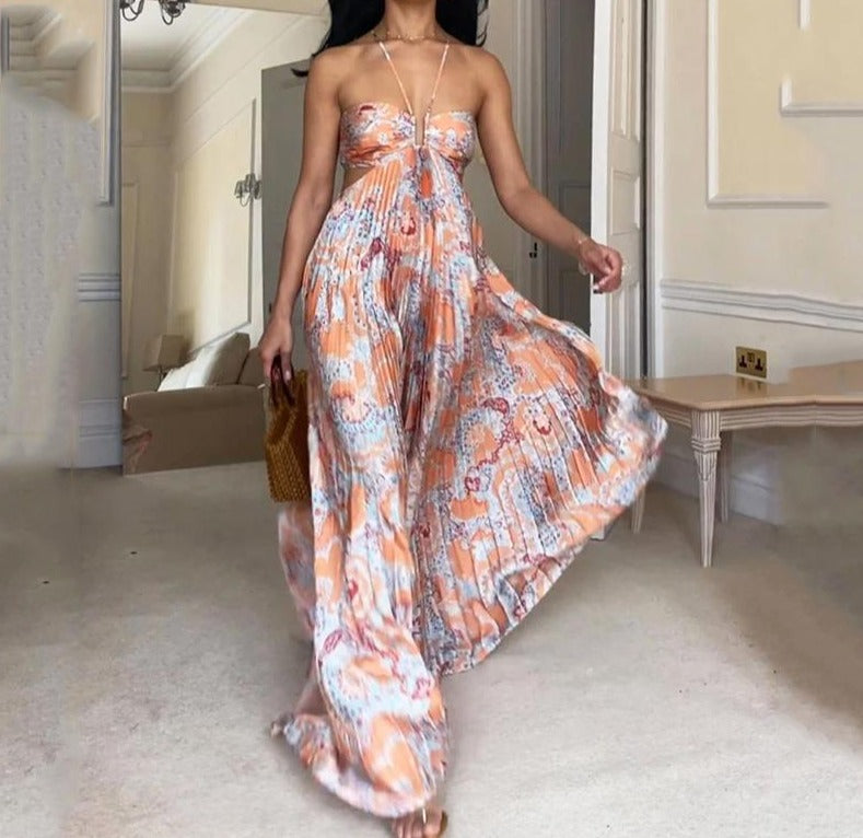 jinran summer new print sexy high-grade temperament backless pleated dress