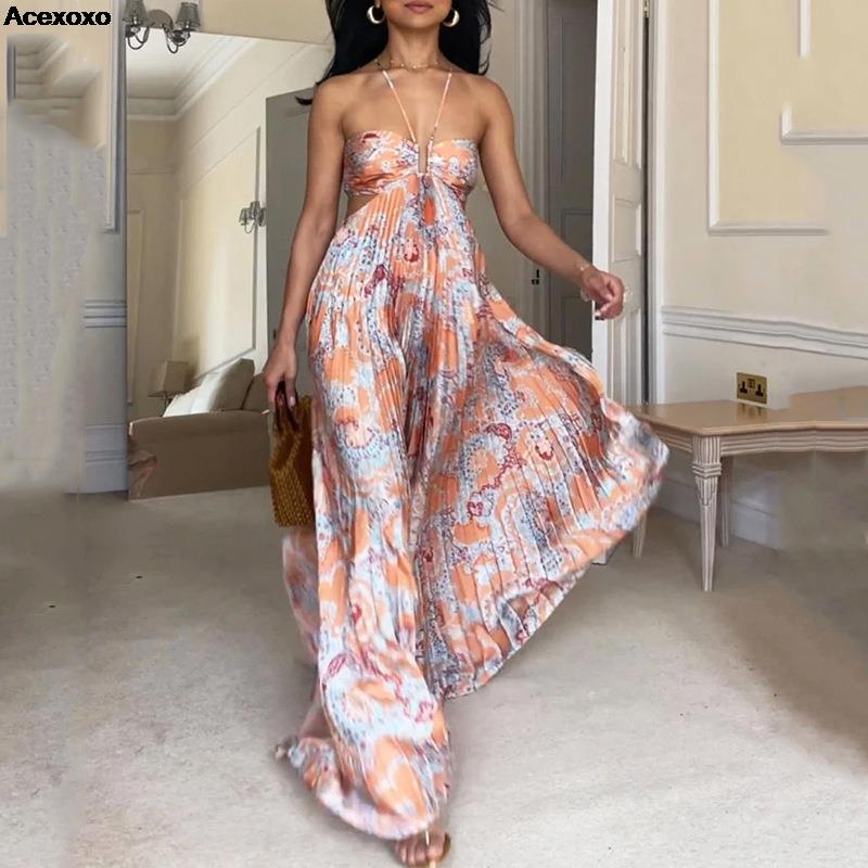 jinran summer new print sexy high-grade temperament backless pleated dress