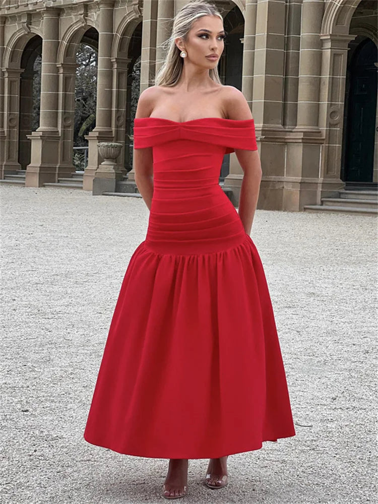 nvxiot - Autumn Off-Shoulder Fashion Long Dress For Women High Waist Sexy Bandeau Patchwork Party Dress Female Bodycon Dress 2024