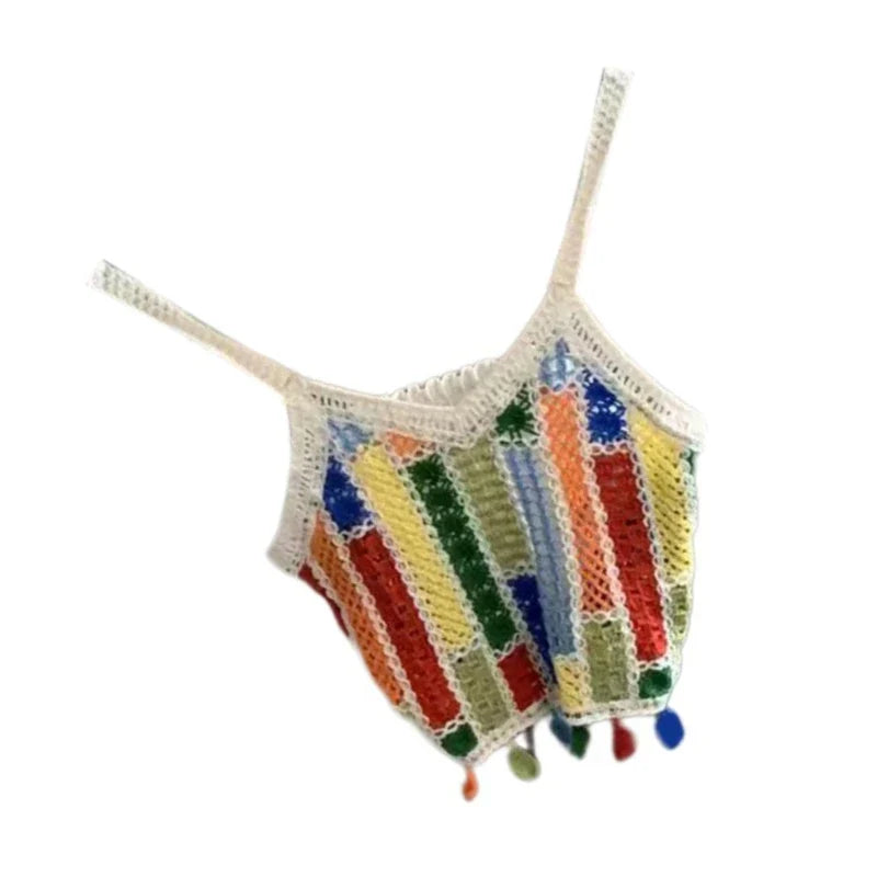 jinran Women Bohemian Crocheted Sleeveless V-Neck Camisole Summer Hollowed Knitted Colorful Tassels Thin Straps Crop Top