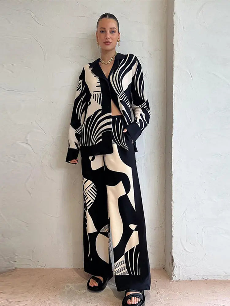 jinran Women Digital Printed Two-piece Set Chic Lapel Long Sleeved Top Loose Straight Leg Pants Suit 2024 Fashion Lady High Streetwear