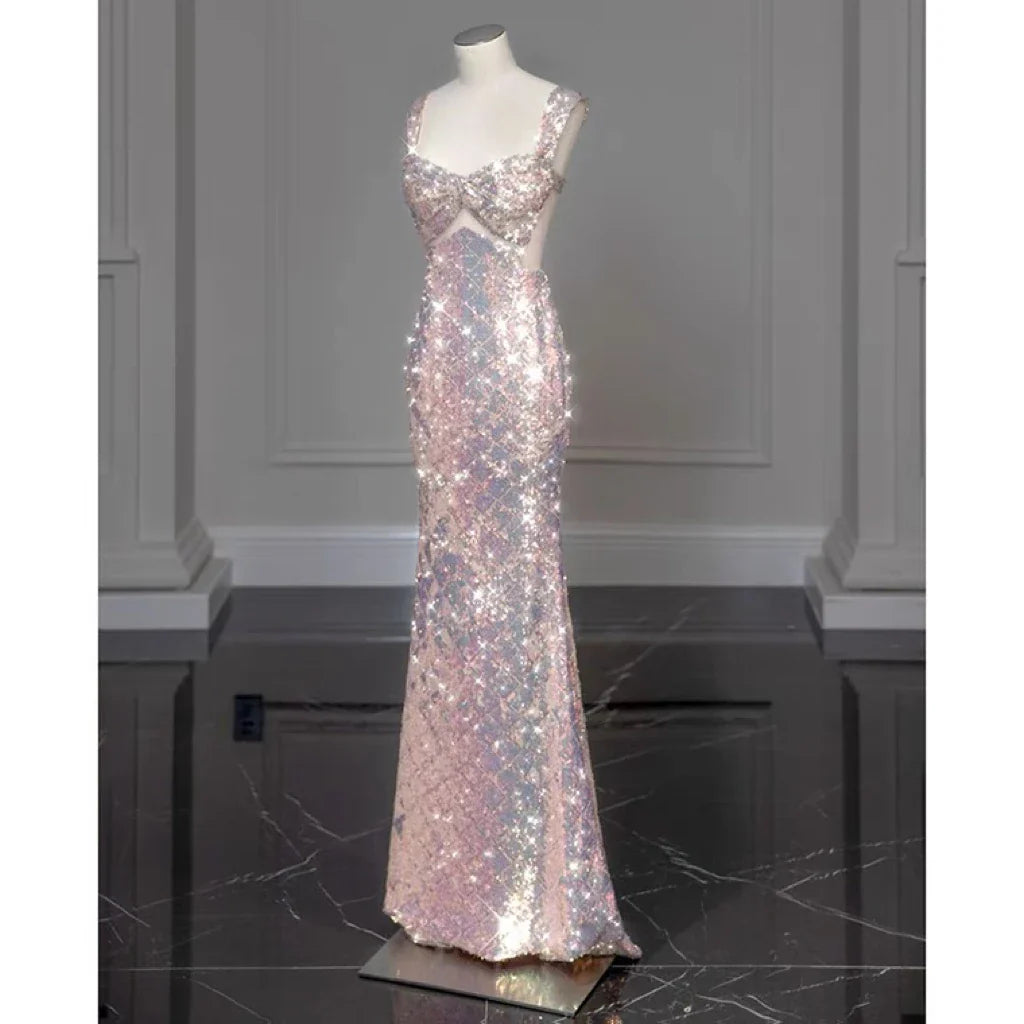 jinran Shiny Pink Mermaid Evening Dresses Bowknot Sequined Beading Detachable Tailing Halter Collar Customize Luxury Prom Gowns 2024