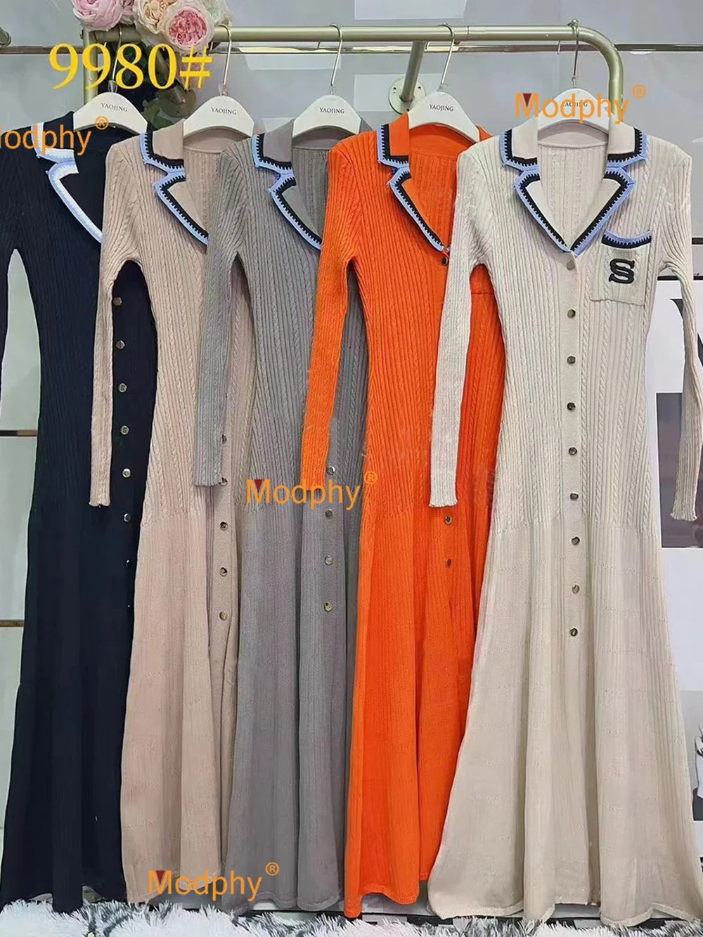 jinran 2024 Elegant Slim Knitted Long Dress Women's Letter Single Breasted Long Sleeved Designer Vintage Dresses Autumn