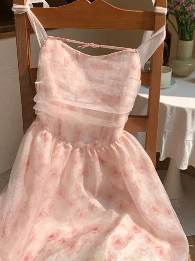 jinran Y2K Elegant Print Halter Dresses for Women Sweet Pink Casual Print Chiffon Sleeveless Party Dress Fairy Princess Vestido Mujer