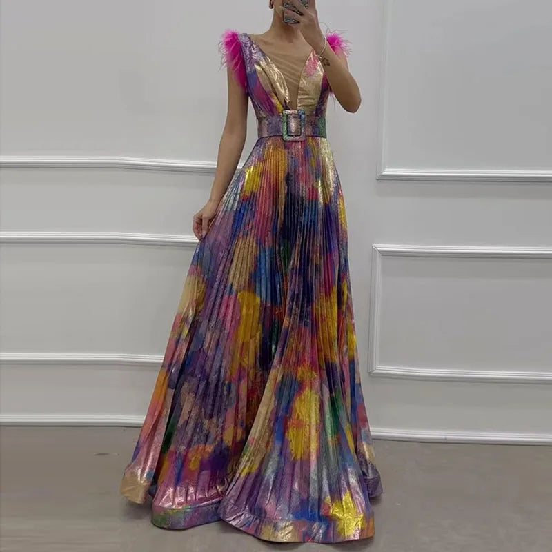 jinran Women Sexy Deep V-neck Sleevelss Long Dress Sexy Feather Patchwork Robe Evening Dress Causal Printed Pleated Slim Party Dresses