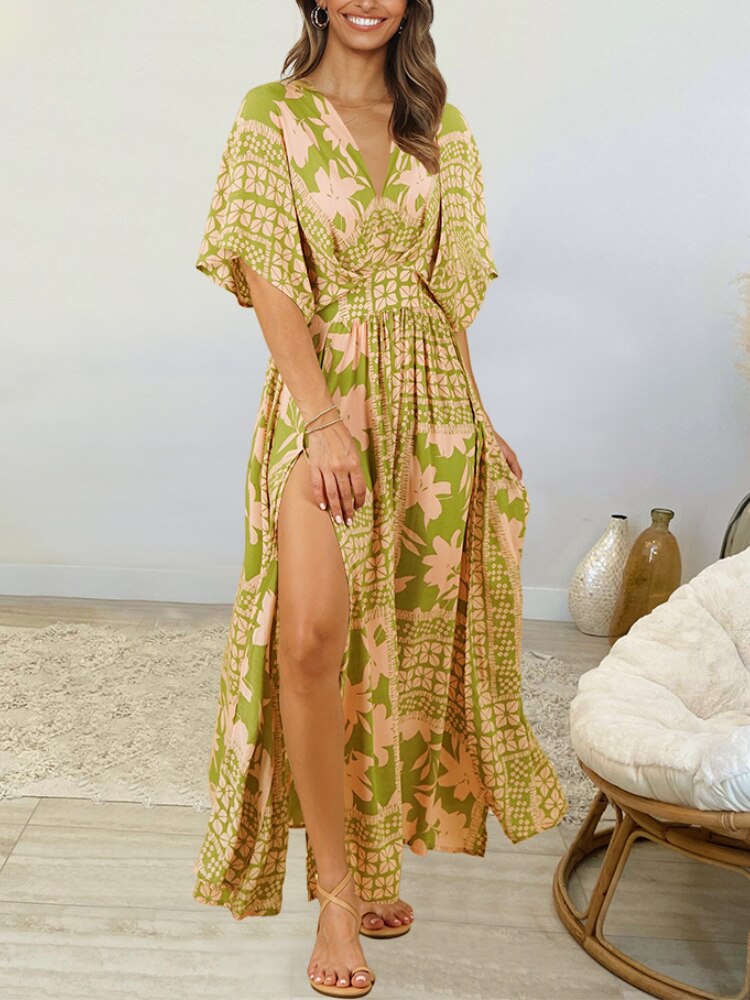 jinran Summer Split Dress Female Bat Sleeve V-neck Printed Large Swing Skirt Bohemian Beach Skirt Dress for Women Robe Dresses Women