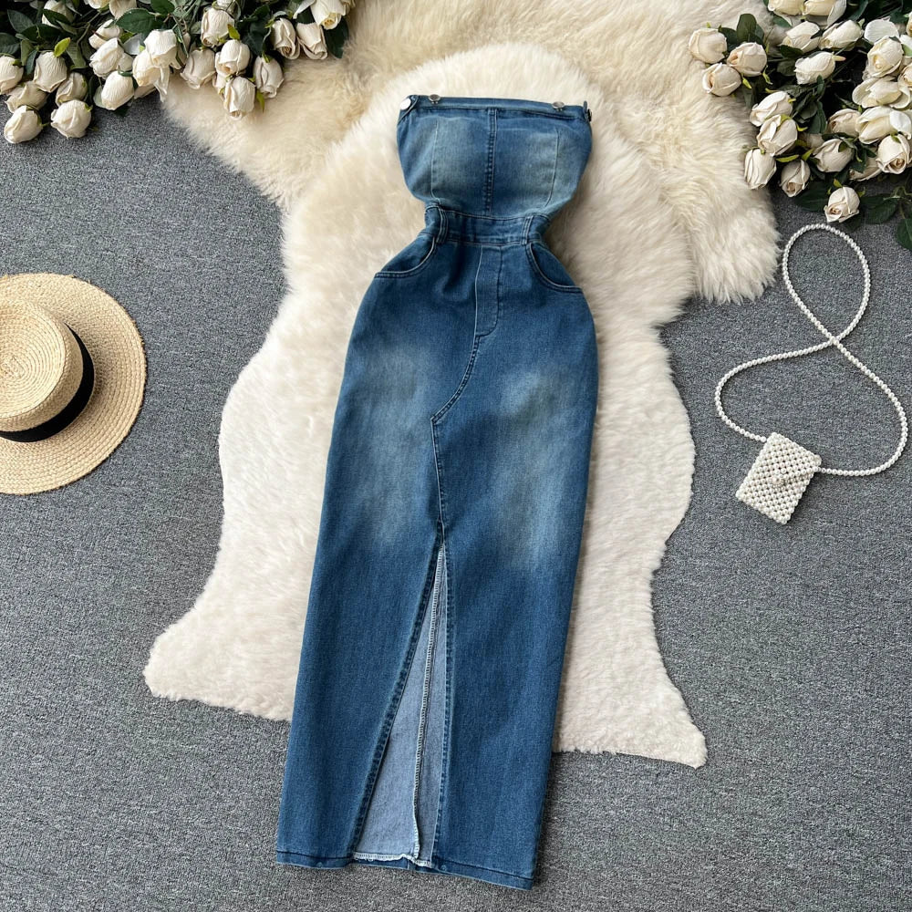jinran Women Sexy Strapless Hollowed Out Halter Neck Backless Sleeveless High Waist Slimming A-line Denim Zipper Dress