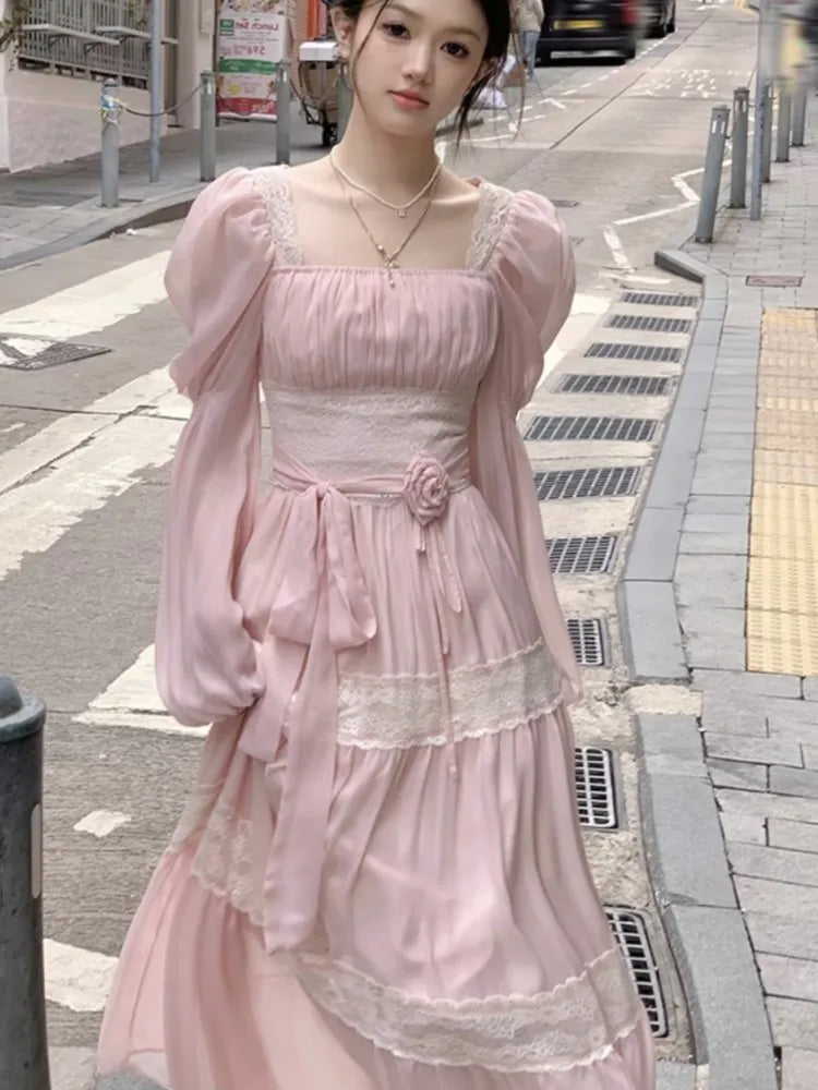 jinran Summer Chiffon Midi Dress Women Lace Y2K Lolita Fairycore Puff Sleeve High Waist French Vintage Evening Party Dresses Prom Robe