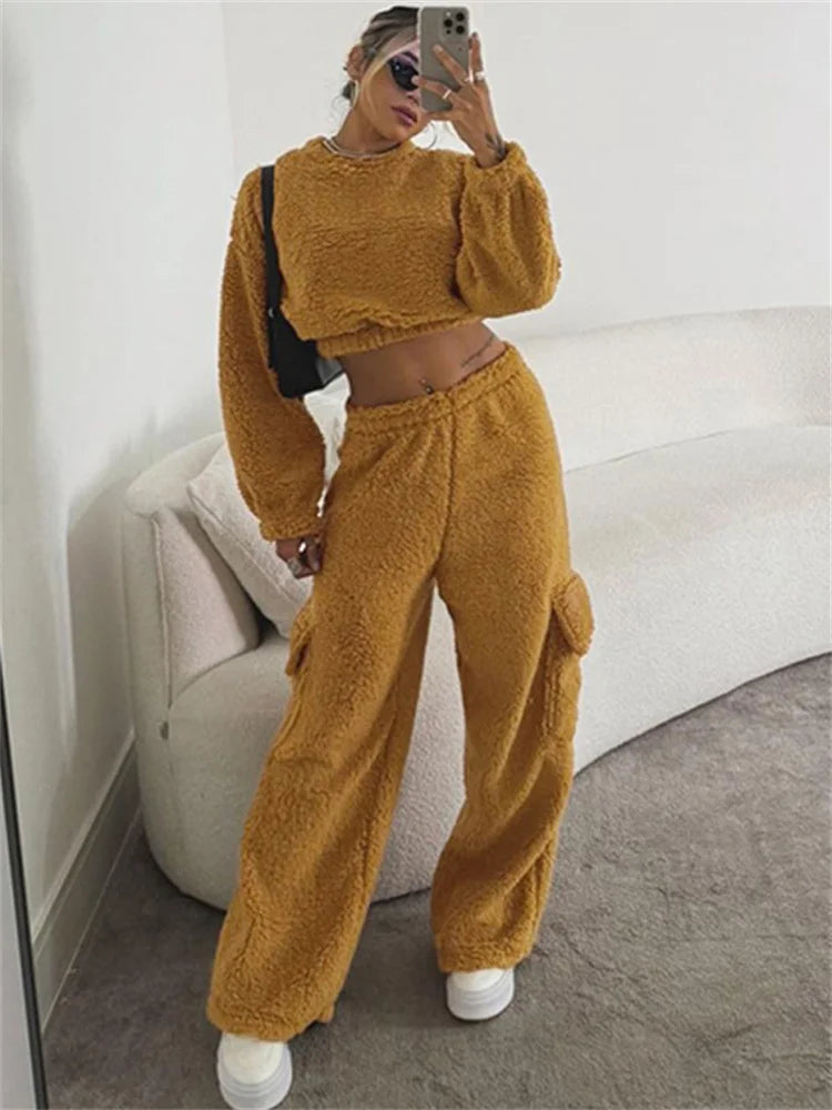 nvxiot - Autumn Loose Fashion 2 Piece-Set Trousers For Women Cropped Pullover Top And High Waist Patchwork Women's Pants Sets 2024