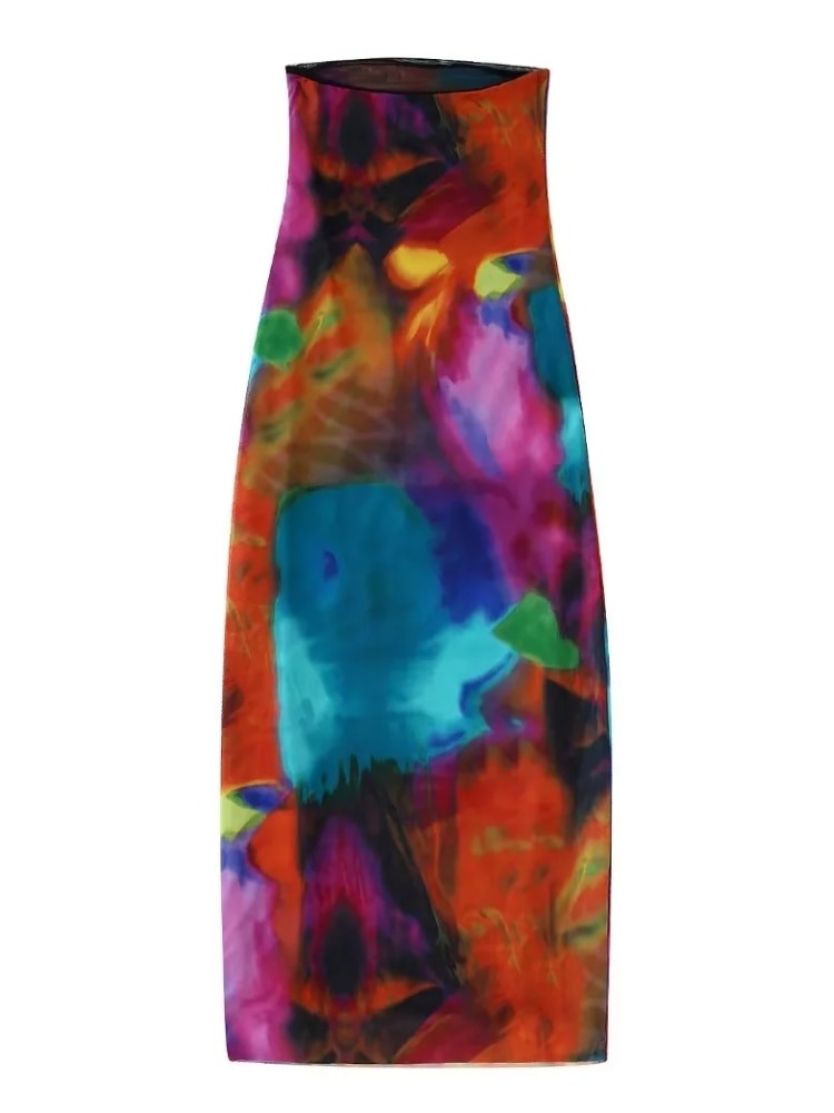 jinran Women Sexy Strapless Contrast Color Tie Dyed Printing Mesh Slim Midi Dress Female Chic Party Vestidos DS2120
