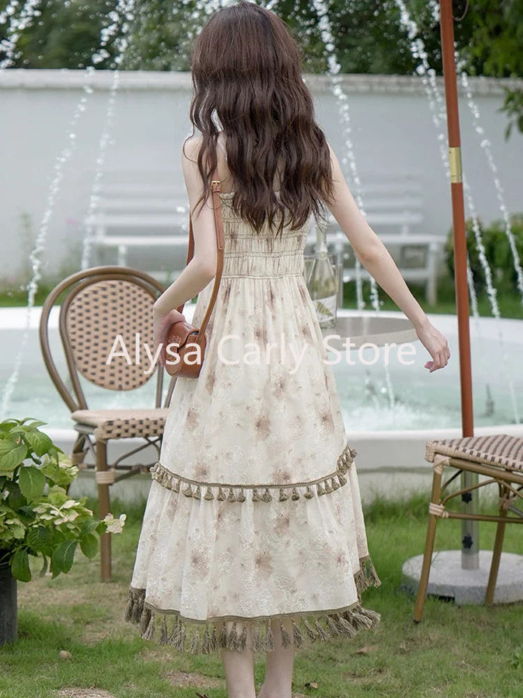 jinran 2024 Autumn Vintage Elegant Slip Dress Women Casual Fashion Korean Style Floral Dress Female Beach Evening Party Vacation Dress