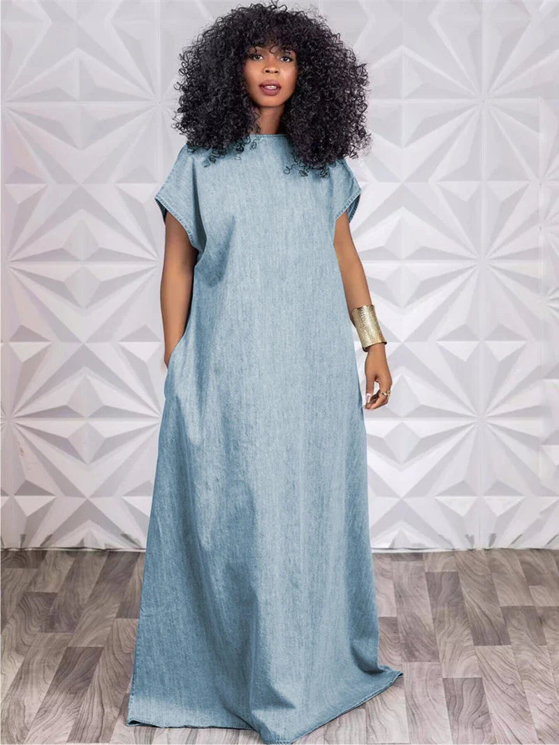 jinran Vintage Denim Dresses for Women Summer Clothing Batwing Short Sleeve V-Back Maxi Long Dress Casual Loose Jean Dress Robe Femme