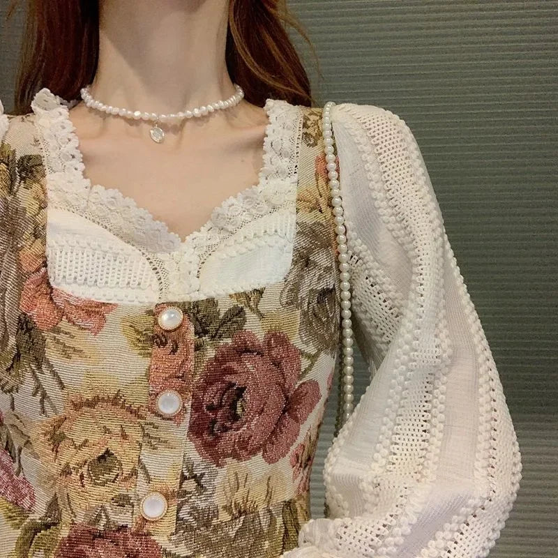 jinran French Vintage Floral Dress Women Lace Korean Style Evening Party Midi Dress Female Print Retro Elegant Fairy Dress Autumn 2024