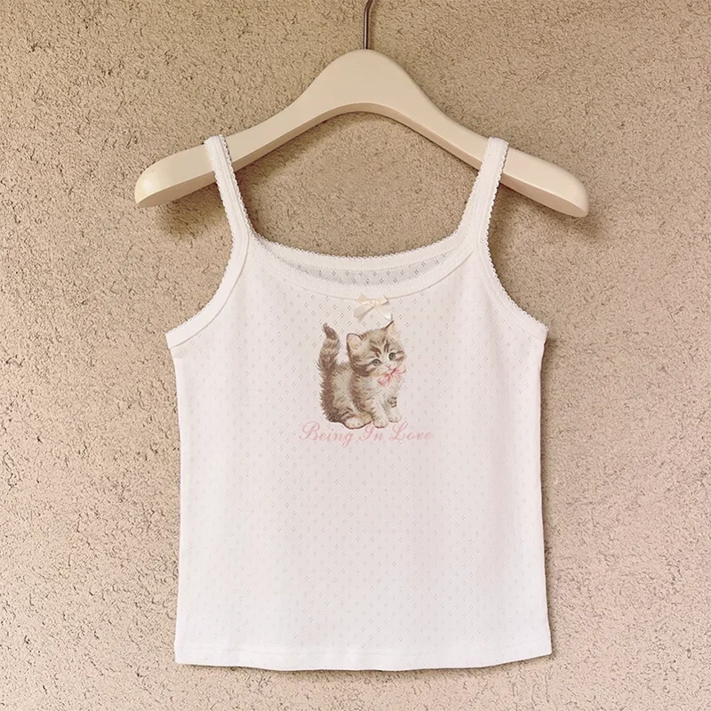 jinran Cute 2 Piece Tops Women Summer 2023 Cardigans and Crop Tops for Sweet Girls Floral Cat Print Kawaii Clothes