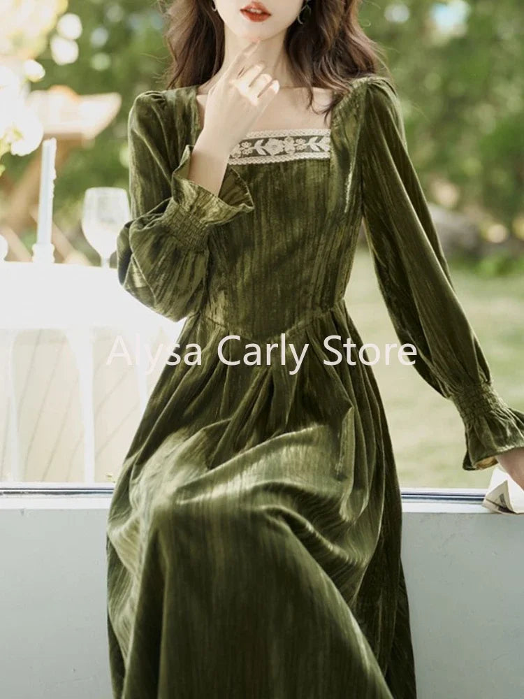 jinran Elegant Vintage Velvet Midi Dress Women Lace Patchwork Slim Korean Fairy Dress Female 2024 Spring Fashion Casual Party Dress Y2k