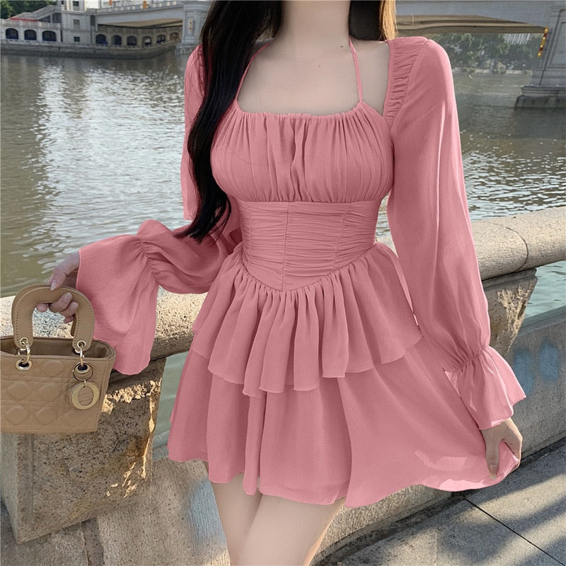 jinran Sweet Pink Dress French Women Halter Folds Strapless Ruffled Holiday Dress Summer New Long Sleeve Fashion Pleated Mini Dress