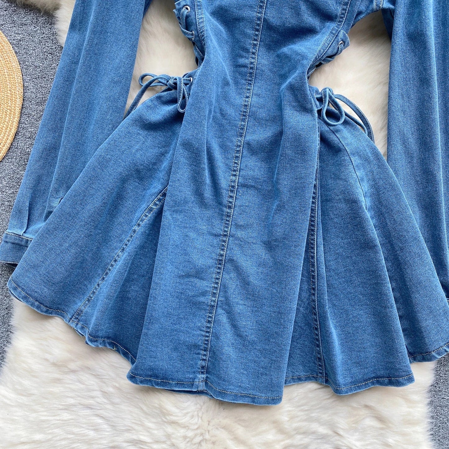 jinran Women Single Breasted Denim Dresses Retro Waist Slimming Temperament Turn-down Collar Bandage Slim Short Jeans Dresses